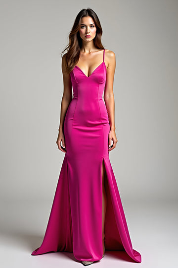 Robe de bal fourreau à bretelles spaghetti fuchsia